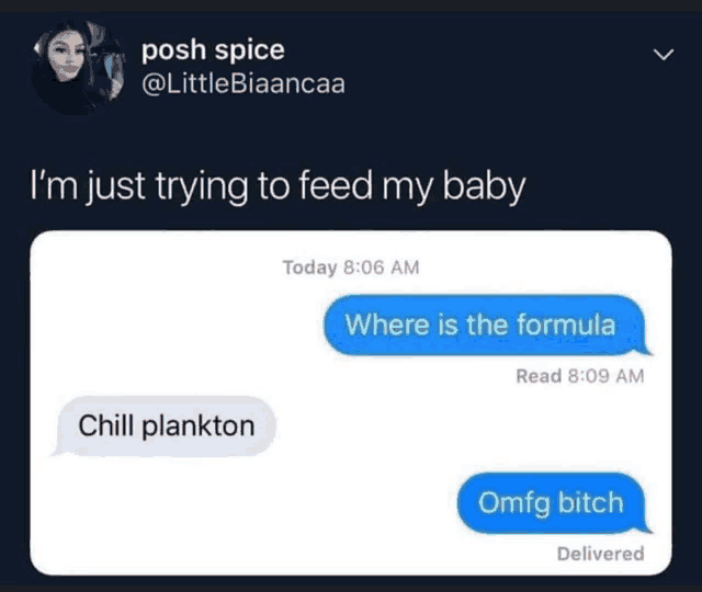 a text message from posh spice to chill plankton where is the formula