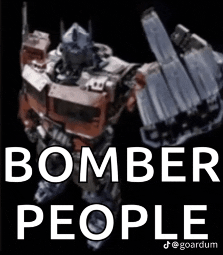 a picture of a robot with the words " bomber people " on it