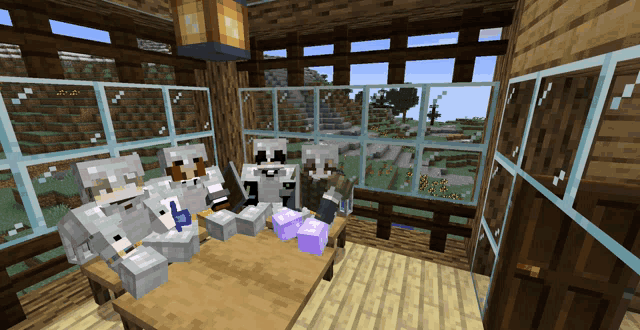 a group of minecraft characters sitting at a table