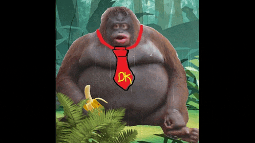 a picture of a gorilla wearing a red tie with the letter dk on it