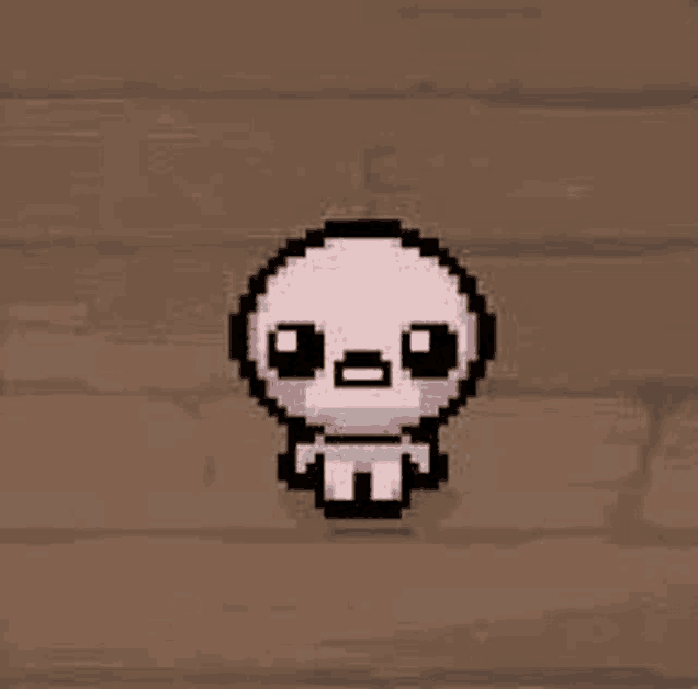 a pixel art drawing of a baby crying on a wooden surface .