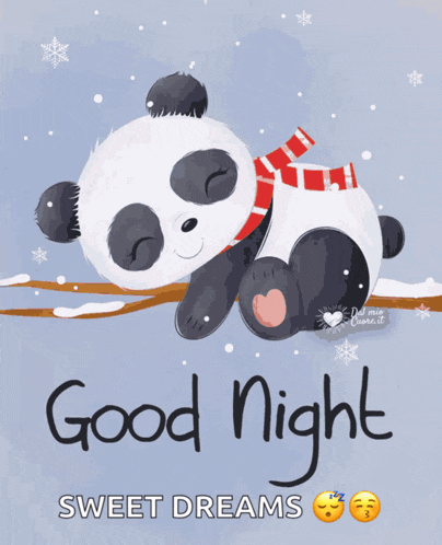 a panda bear wearing a scarf is sleeping on a tree branch with the words good night sweet dreams below it