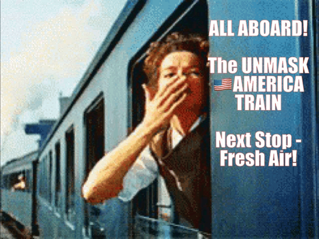 a woman covering her mouth while looking out the window of a train