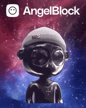 a cartoon character wearing a beanie and a cross necklace with angelblock written on the top
