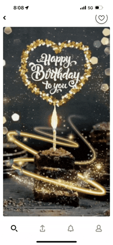 a phone screen shows a birthday card with a cake and a candle that says happy birthday to you