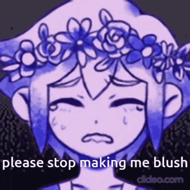a drawing of a girl with a flower crown on her head and the words " please stop making me blush "