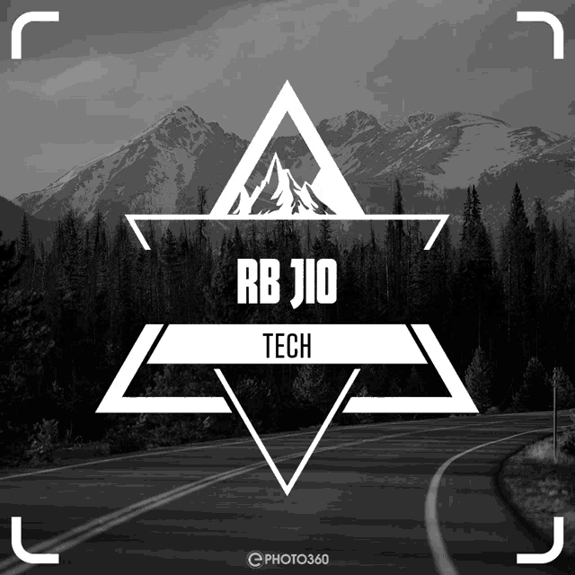 a logo for rb jio tech shows a road and mountains in the background