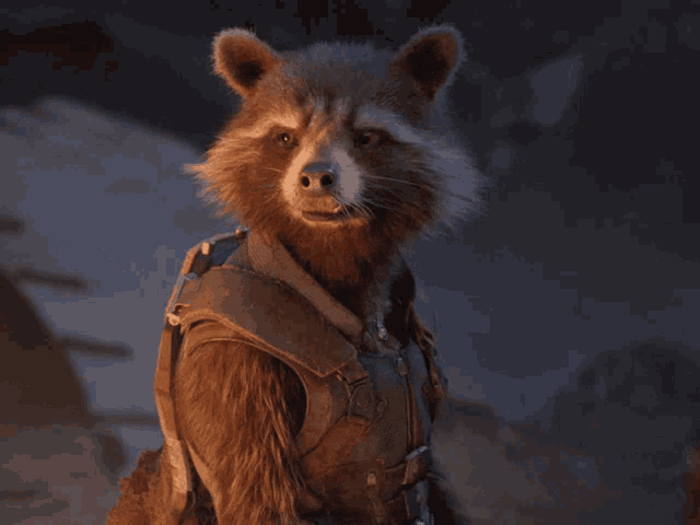 a raccoon is wearing a brown vest and a backpack