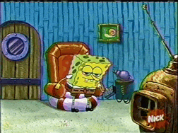 a cartoon of spongebob sitting in a chair next to a nickelodeon logo