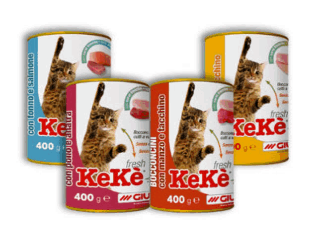 four cans of fresh keke cat food are lined up