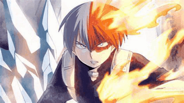 todoroki shouto from my hero academia is holding a fireball in his hand and looking at the camera .