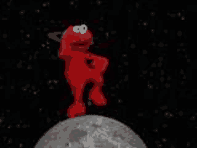 elmo from sesame street is standing on top of a moon in space .