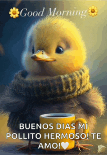 a duck with a scarf around its neck is holding a cup of coffee ..