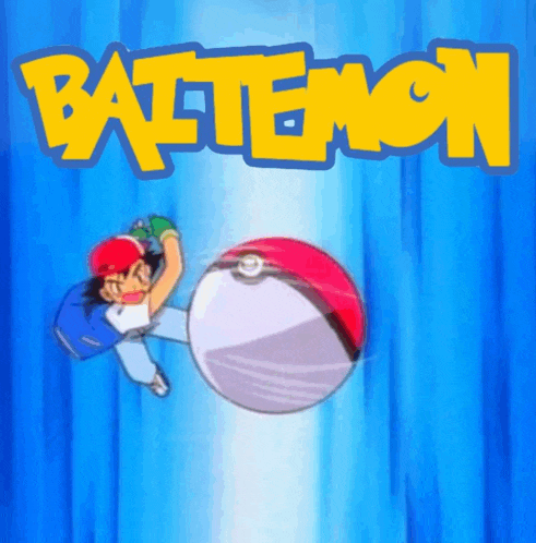 a cartoon of a boy kicking a pokeball with the word battemon written above him