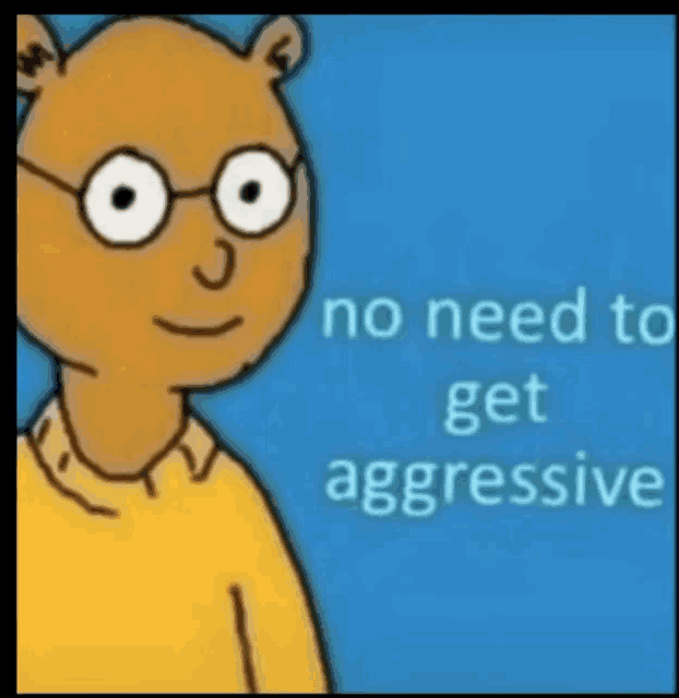 a cartoon bear wearing glasses and a yellow sweater says no need to get aggressive