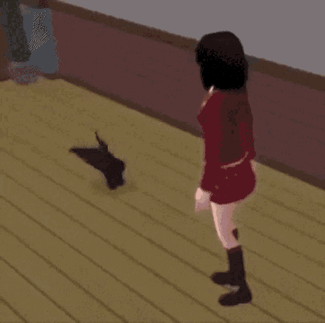 a woman in a red dress stands next to a black and white cat