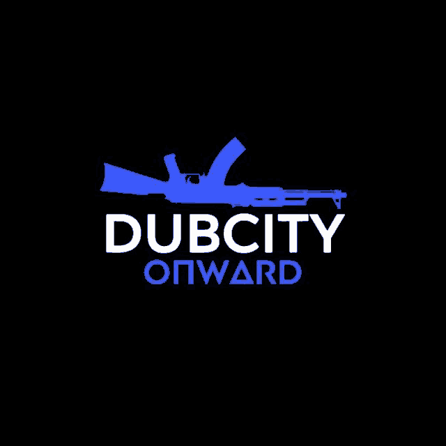 a blue silhouette of a gun with the words dubcity onward written below it on a black background .