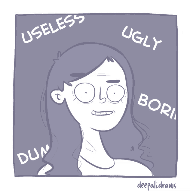 a cartoon drawing of a woman with the words useless ugly and duh surrounding her