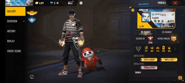 a man is standing next to a panda in a red jacket in a game called free fire