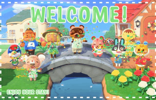 a welcome sign for animal crossing with a group of characters