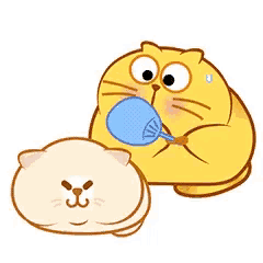 a cartoon cat is blowing up a blue balloon next to a white cat .