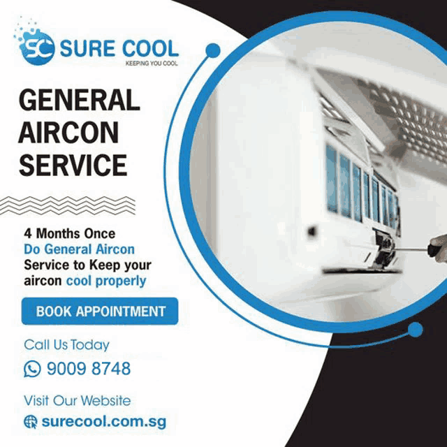 an advertisement for a general aircon service with a picture of a person working on an air conditioner