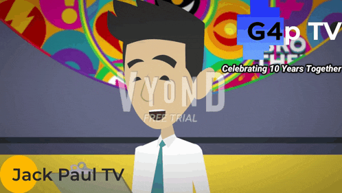 a cartoon advertisement for jack paul tv shows a man in a tie