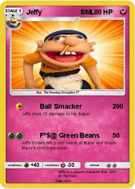 a pokemon card with a picture of a puppet named jeffy