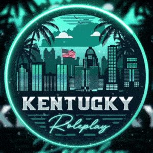 a logo for kentucky roleplay with a city skyline in the background