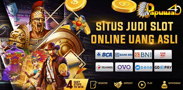 an advertisement for situs judi slot online uang asli shows a man holding a sword