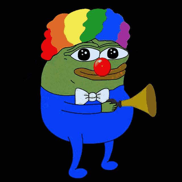a cartoon frog with a rainbow wig and red nose is holding a trumpet
