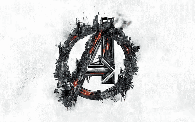 the avengers logo is surrounded by fire and buildings