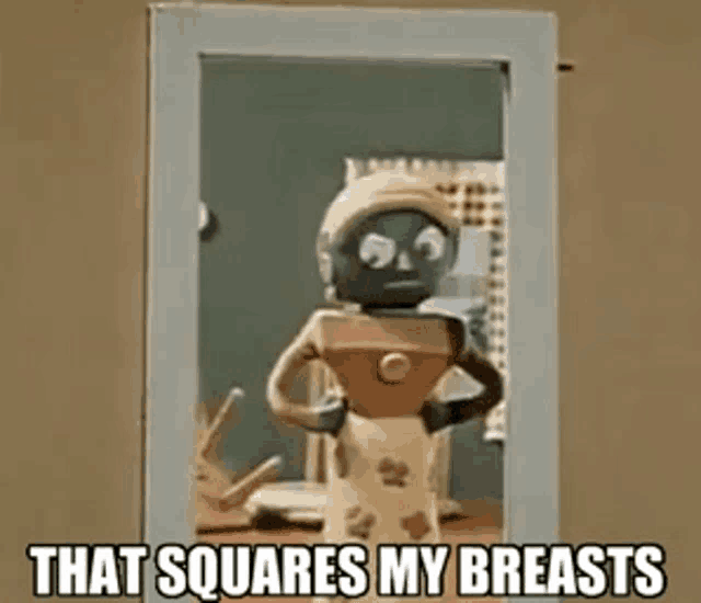 a cartoon character is standing in front of a mirror with the words `` that squares my breasts '' .