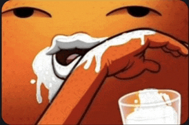 a close up of a cartoon face with a hand holding a glass of milk