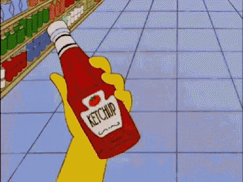 a cartoon character is holding a bottle of catsup in his hand