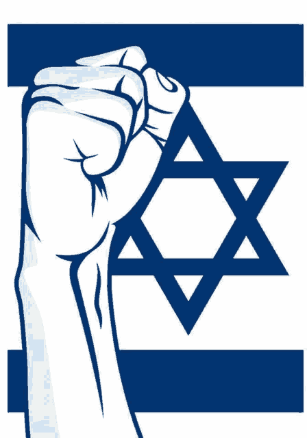 a fist is holding up a star of david in front of a flag of israel .