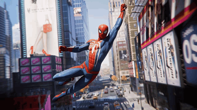 a spider man is flying through the air in front of a sign that says ' spiderman '