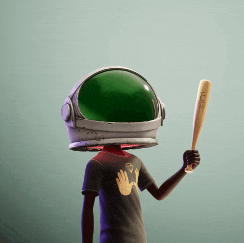 a cartoon character with a helmet on his head holding a baseball bat with the word ninja on it