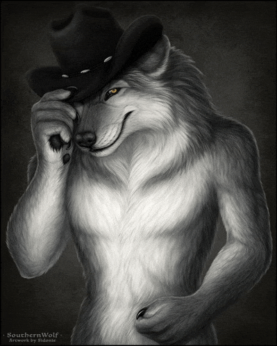 a black and white drawing of a wolf wearing a cowboy hat by southern wolf