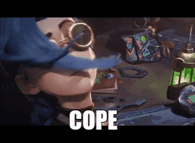 a cartoon character is sitting at a table with a lantern and the word cope written on it .