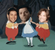 a cartoon of alice in wonderland with three people dancing