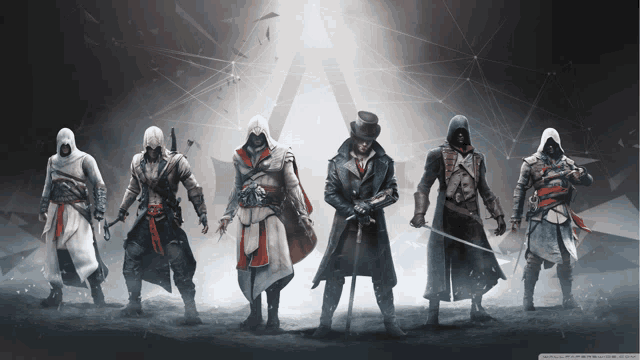 a group of assassins standing next to each other with a triangle in the background