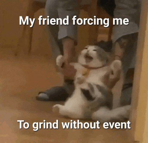 a picture of a cat with a caption that says my friend forcing me to grind without event