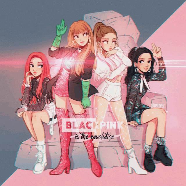 a drawing of blackpink is the revolution with a pink and gray background