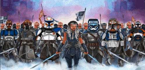 a painting of a group of clone trooper soldiers with a woman in the middle