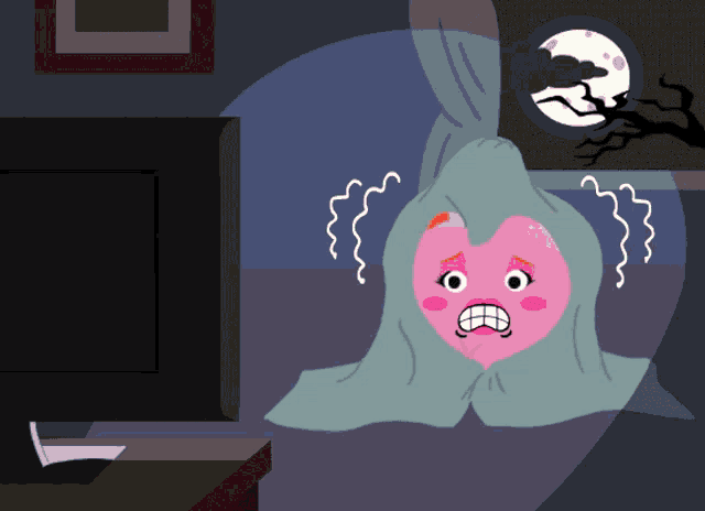 a cartoon drawing of a pink heart with a scared face