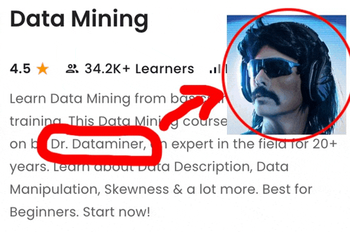 a picture of a man with a mustache and sunglasses with the words data mining written above it