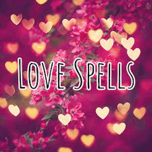 a pink background with hearts and the words `` love spells '' .