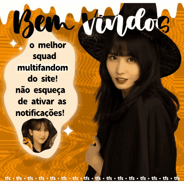 a woman in a witch costume is featured on a poster that says bem vindos