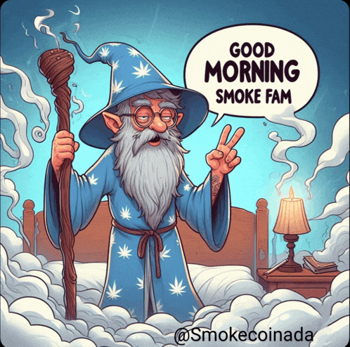 a cartoon of a wizard giving a peace sign with a speech bubble that says good morning smoke fam